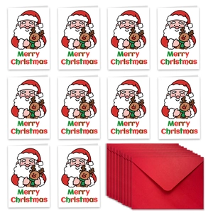 Flat lay of 10 cartoon Santa Claus Christmas cards with matching red envelopes set