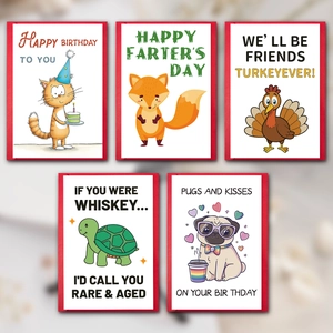Lot de cinq cartes de vœux humoristiques avec animaux et enveloppes pour anniversaire et amis