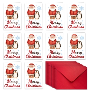Lot de 10 cartes de Noël avec Père Noël aquarelle et 10 enveloppes rouges élégantes