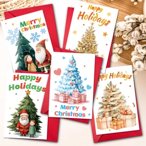 Christmas Greeting Cards With Red Envelopes Watercolor Santa Claus Christmas Tree Art Paper Holiday Gift Cards For Xmas Blessing