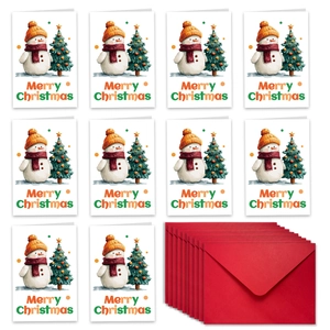 Set of 10 Christmas greeting cards with cartoon snowmen and red envelopes for holidays