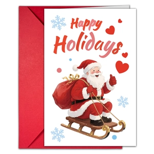 Close-up of Santa Claus Christmas card with a red envelope and Happy Holidays text