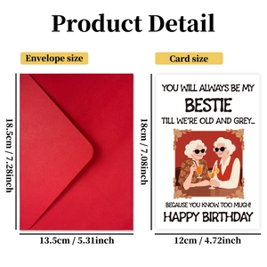 Detail showing precise dimensions of the bestie birthday card and red envelope