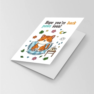 Detail of cartoon orange cat greeting card with Get Well Soon pun on smooth cardstock