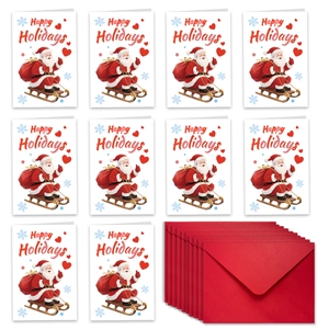 Flat lay of 10 Santa Claus Christmas cards with red envelopes and Happy Holidays text
