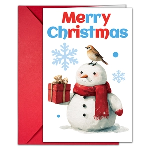 Detailed view of snowman greeting card with red envelope for Christmas holiday set