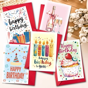Happy Birthday Greeting Cards With Red Envelopes Pink Champagne Cupcake Illustration Birthday Cards For Family Friends Celebration Cards