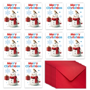 Set of 10 Christmas cards with festive snowman motifs and matching red envelopes