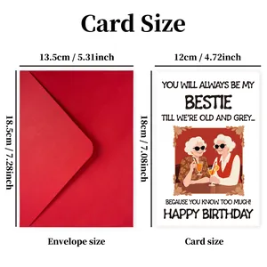 Funny bestie birthday card set with red envelope and detailed size specifications
