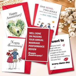Juego de Tarjetas de Felicitación de Aniversario Con Sobres Rojos Acuarela Corazón Silueta de Pareja Celebración de Boda Romántica Tarjetas de Amor Regalo de Papelería