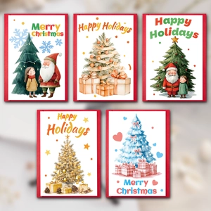 Set of 10 large Christmas cards with envelopes featuring watercolor holiday designs