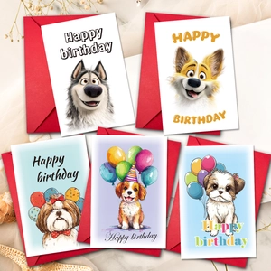 Set of 10 cute cartoon dog birthday cards with red envelopes for pet lovers