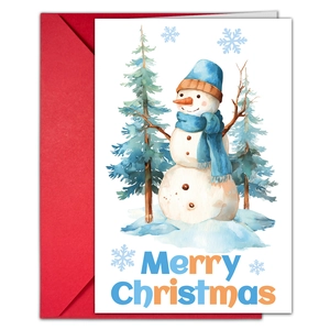 Detail of Christmas greeting card with watercolor snowman illustration and red envelope