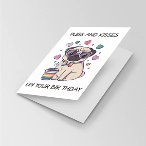 Détail de carte d'anniversaire carlin avec nœud papillon arc-en-ciel et texte Pugs and Kisses