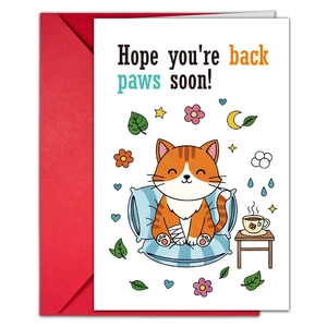 Get well card with cute cat illustration and bright red envelope for warm greetings