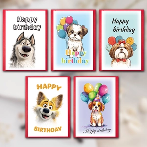 Set of cute cartoon dog birthday greeting cards with balloons and festive illustrations