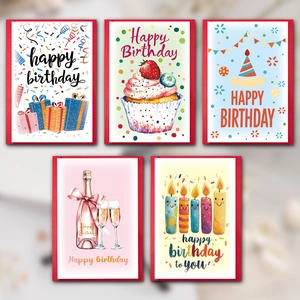 Set of 5 colorful Happy Birthday cards with hand-drawn festive illustrations and red envelopes