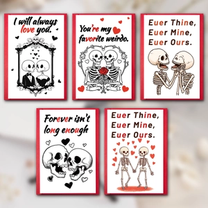 Set di 5 biglietti di San Valentino con teschi romantici e buste rosse incluse