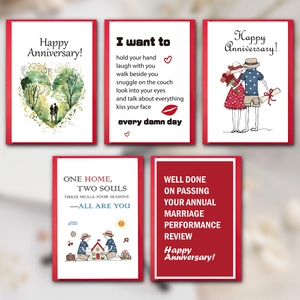 Cinco tarjetas de aniversario variadas con bordes rojos y diseños de corazón