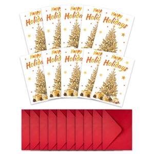 Set of 10 gold foil Christmas cards with red envelopes featuring Happy Holidays design
