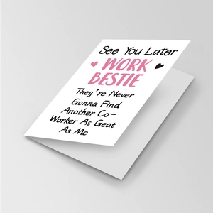 Macro detail of foldable farewell card for coworkers featuring Work Bestie text and hearts