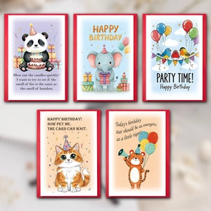 Five-piece cartoon animal birthday card set with elephant panda and tiger designs