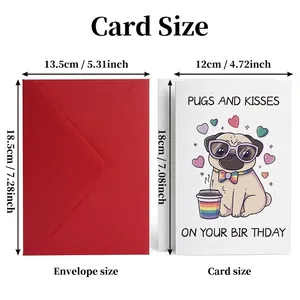 Carte d'anniversaire carlin avec enveloppe rouge et grande carte pliante 12x18 cm