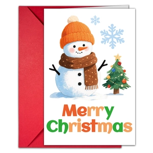 Close-up of a festive Christmas card with snowman design and matching red envelope