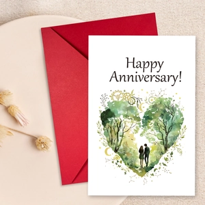 Vista macro de tarjeta de aniversario blanca con diseño de corazón y sobre rojo
