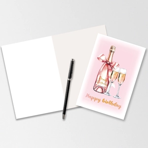 Detail of pink champagne illustration birthday card with a blank white inner page