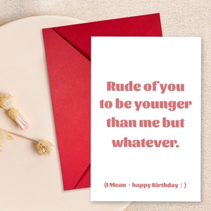 Funny birthday greeting card with humorous text and a vibrant red envelope