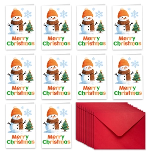 Detailed set of 10 Christmas cards with snowman motifs and 10 red envelopes
