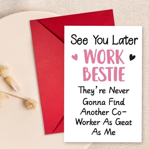 Detail of coworker farewell card with funny message and vibrant red envelope