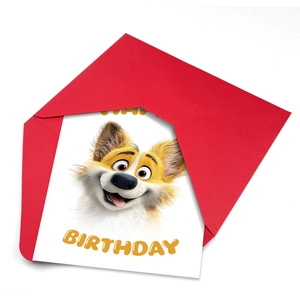 Detail of cartoon dog birthday card with red envelope and cute character illustration
