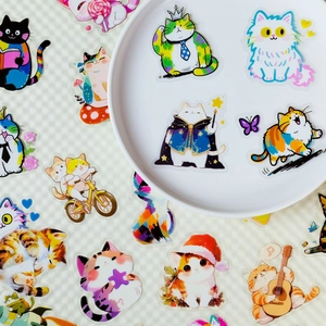 Handgetekende cartoon kat PET stickers voor waterflessen en gitaren decoratie