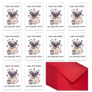Lot de 10 cartes d'anniversaire carlin avec enveloppes rouges et illustration mignonne