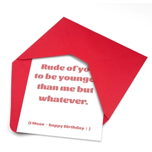 Funny birthday card with humorous pink text and a bright red envelope in a modern style