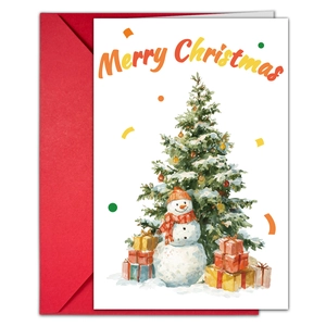 Close-up of Christmas card with watercolor snowman and tree next to a red envelope