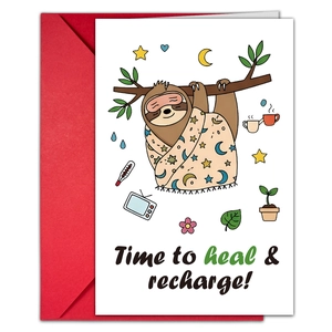Detail of get well soon card with sloth illustration and a premium red envelope