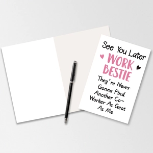 Close-up of farewell card with pen on textured background for coworker resignation