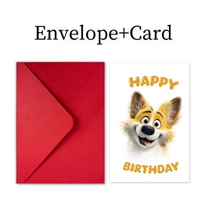 Close-up of a cute cartoon corgi birthday card with a matching red envelope and text