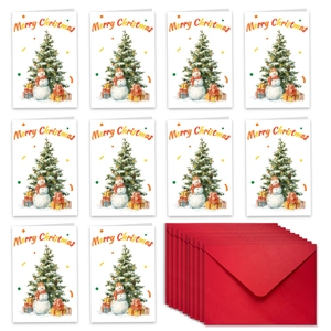 Detail of Christmas cards with watercolor trees and snowmen plus red envelopes