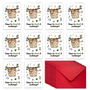 Close-up of 10 sloth recovery greeting cards and 10 red envelopes in a neat gift set