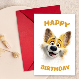 Close-up of a 3D cartoon dog happy birthday card with a classic red envelope