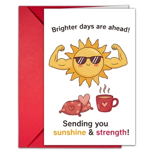 Detailed view of recovery card with cartoon sun and red envelope set with warm message