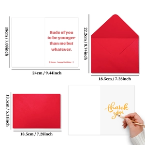 Detailed size specifications for humor birthday card and premium red envelope set