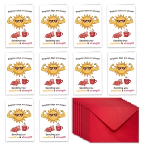 Detailed set of 10 cartoon get well cards and red envelopes with uplifting sun graphics