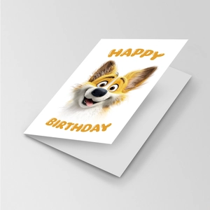 Close-up of a 3D cartoon Corgi greeting card with yellow Happy Birthday text