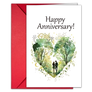 Detalle de tarjeta Happy Anniversary con motivo de bosque corazón y sobre rojo