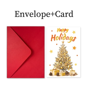 Detail of Happy Holidays card with Christmas tree design and classic red envelope set